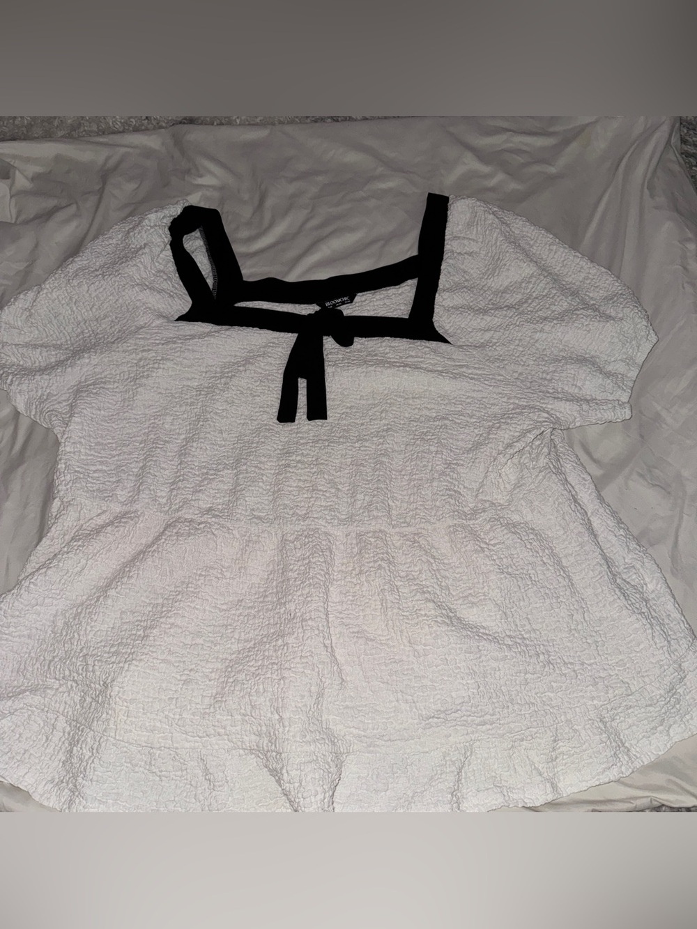 BloomChic White Textured Square-Neck Puff Sleeve Top with Black Trim
